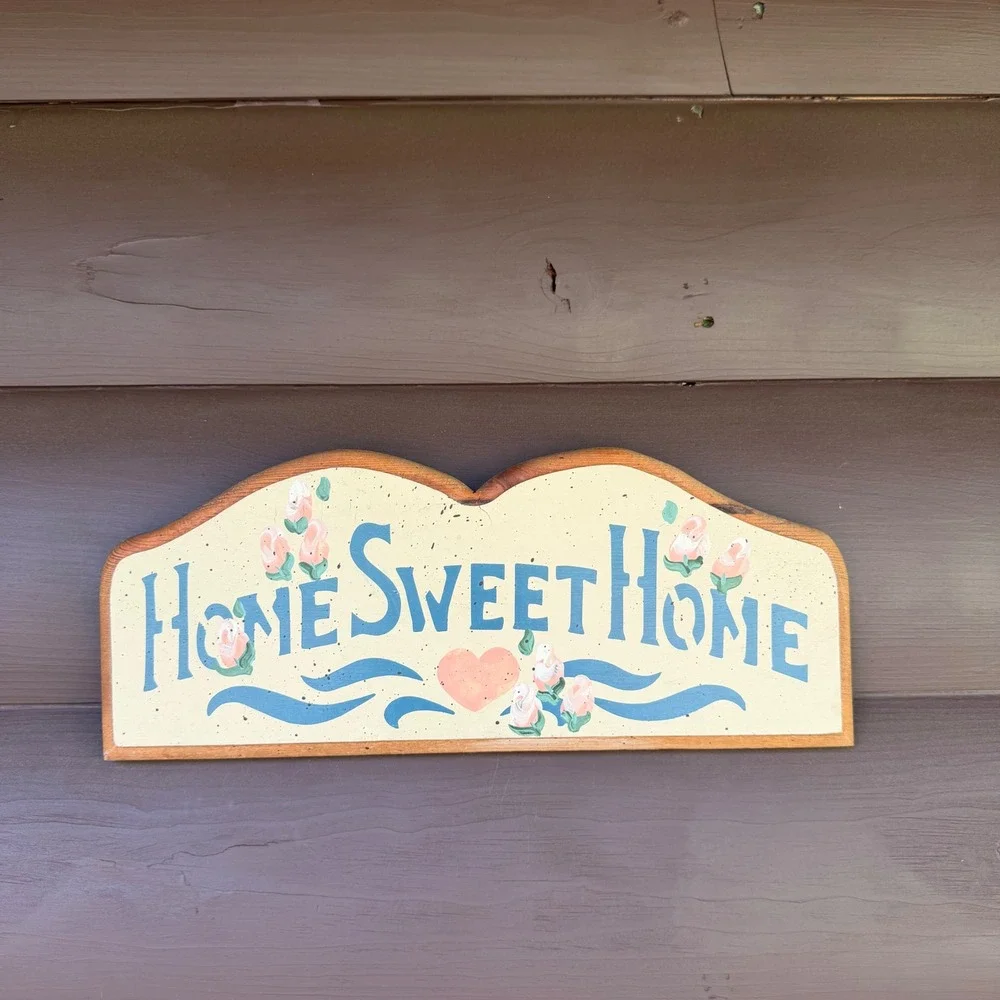 Hand Painted Wood Home Sweet Home Wall Sign Blue Pink Cream Rustic Folk Art